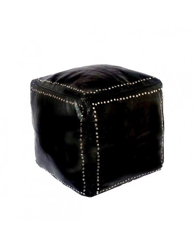 Pouf carre noir en cuir boutons argent