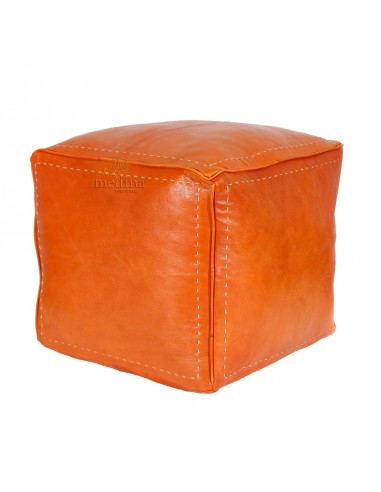 Pouf carre couleur orange en cuir surpique pouf haute qualite entierement fait main