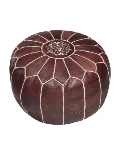 Pouf design cuir marocain marron fonc et coutures beige pouf en cuir veritable fait main