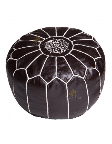 Pouf design cuir marocain noir et coutures blanches pouf en cuir veritable fait main