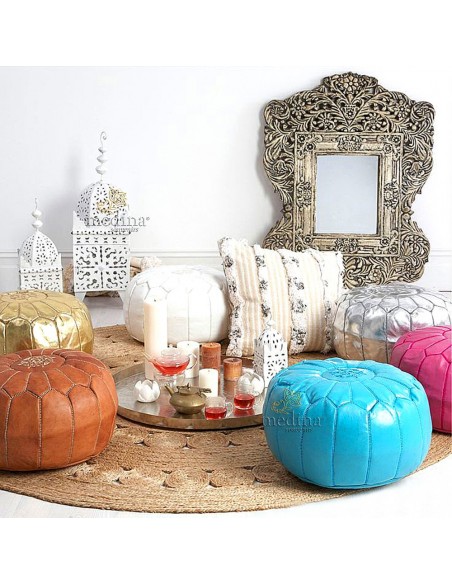 Pouf design cuir marocain vert pouf en cuir veritable fait main