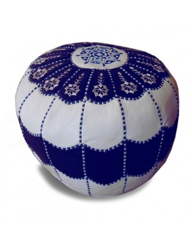 Pouf marocain design arcade en cuir bleu et blanc pouf en cuir veritable fait main