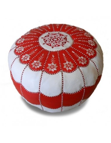 Pouf marocain design arcade en cuir rouge et blanc et broderie blanche pouf en cuir veritable fait main