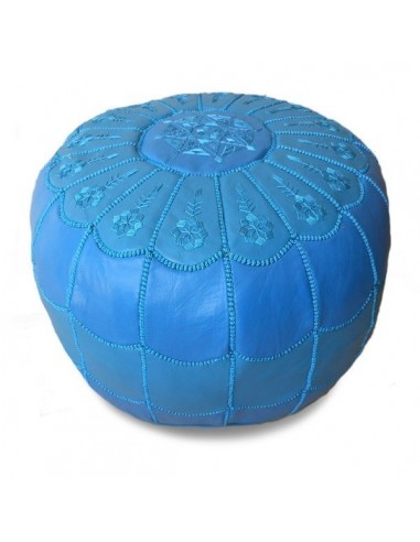 Pouf marocain design arcade en cuir bleu ciel et broderie bleu ciel pouf en cuir veritable fait main