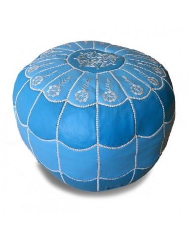 Pouf marocain design arcade en cuir dgrad de bleu et broderie blanche pouf en cuir veritable fait main
