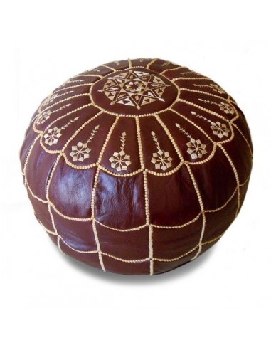 Pouf marocain design arcade en cuir caramel et broderie creme pouf en cuir veritable fait main