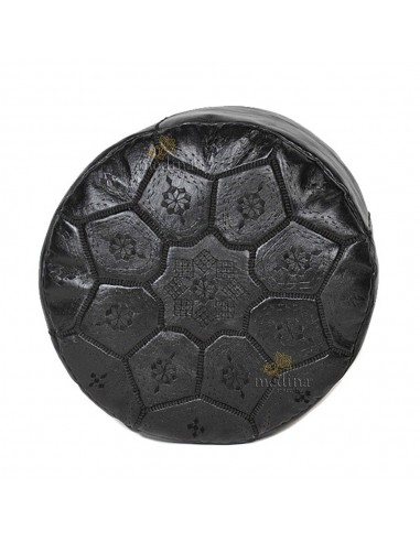 Pouf Nejma en noir cuir  pouf marocain en cuir veritable fait main
