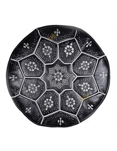 Pouf Nejma en cuir noir et broderies blanches pouf marocain en cuir veritable fait main